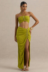 Coastline | Green Ruched Maxi Skirt With Split
