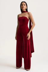 Arcane | Burgundy Velvet Bandeau Jumpsuit With Scarf