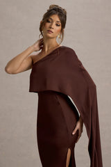Amora | Brown Satin Asymmetric Cape-Sleeve Split Maxi Dress