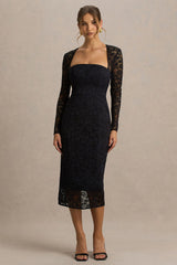 Alissa | Black Lace Square-Neck Midi Dress