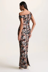 Electric | Black Velvet & Embellished Sequin Floral Asymmetric-Neck Maxi Dress