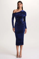 Eirene | Blue Velvet Asymmetric-Neck Midi Dress