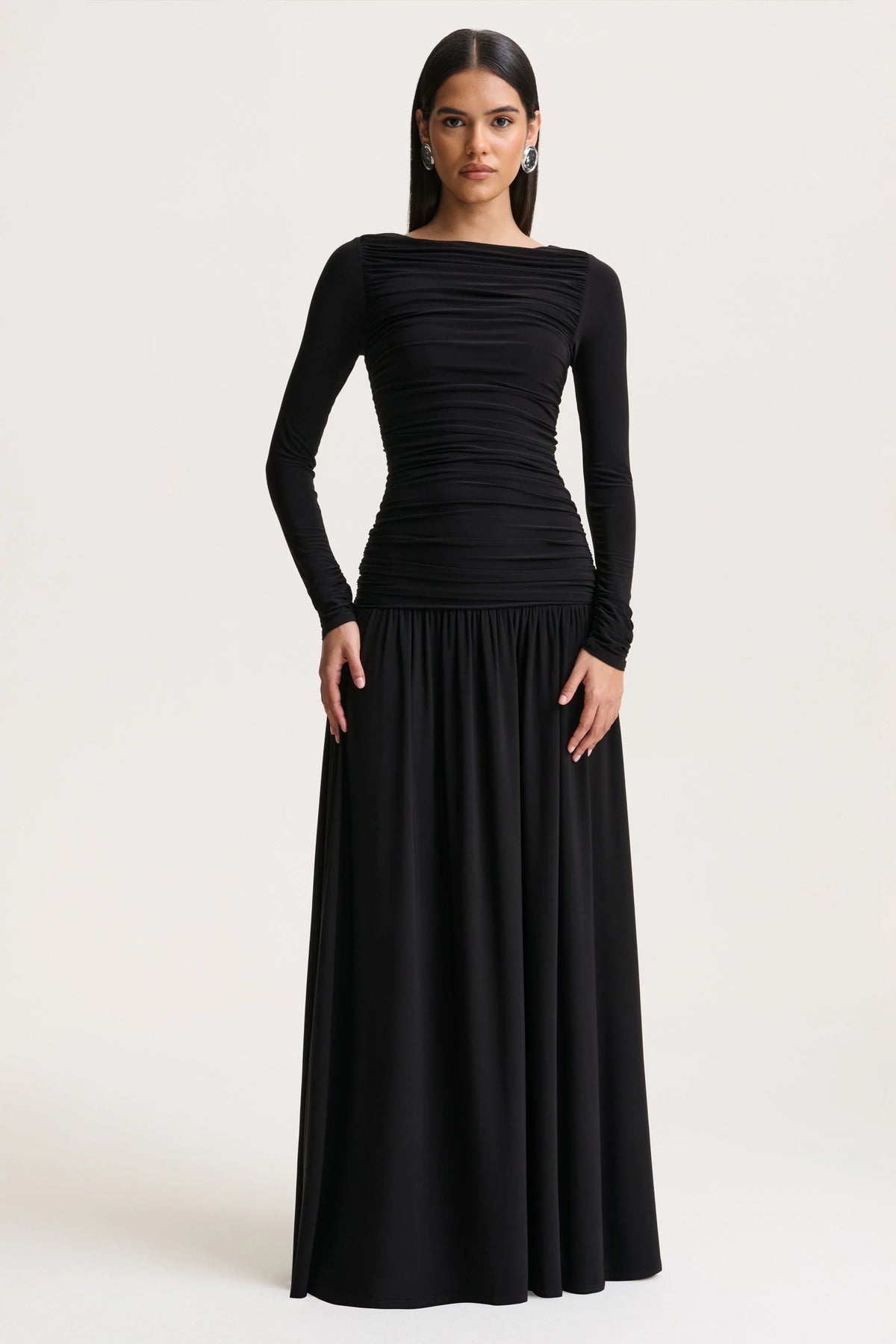 Aniyah | Black High-Neck Maxi Dress With Ruched Detailing