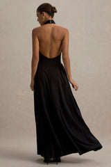 Cynthia | Black High-Neck Maxi Dress With Volume Skirt