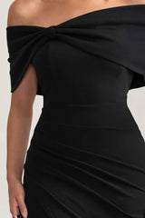 Eva | Black Bardot Bow Detail Maxi Dress With Thigh Split