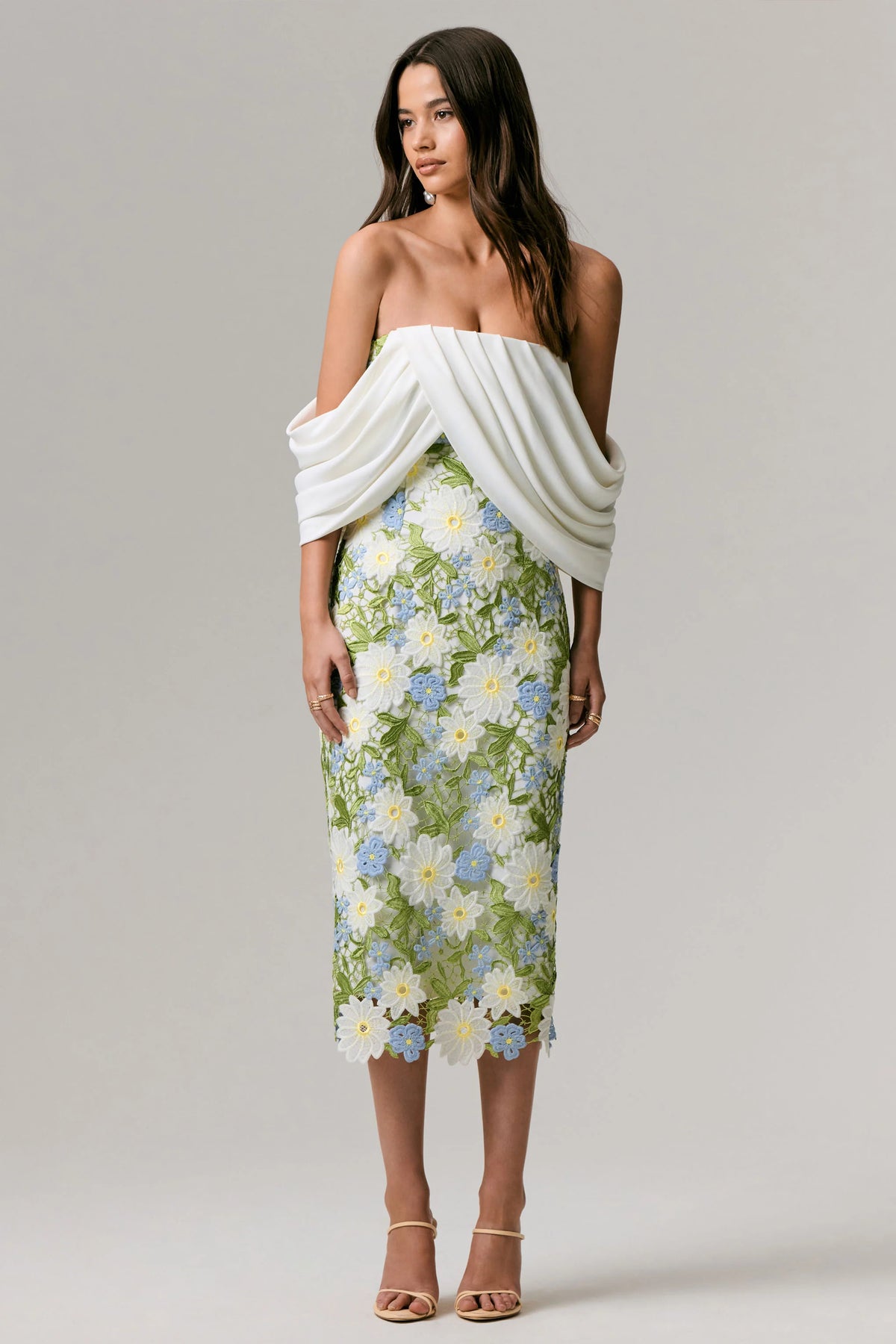 Entitled | Cream Floral Lace Bardot Midi Dress