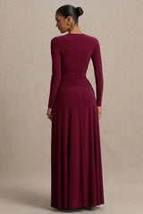Estrella | Berry High-Neck Maxi Dress With Ruched Detailing