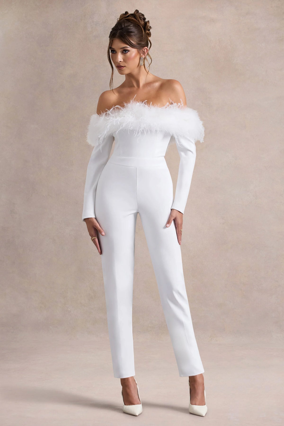 Ales | White Bardot Tailored Straight-Leg Jumpsuit With Feather Trim