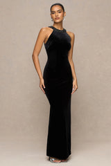 Darya | Black Velvet Embellished High-Neck Maxi Dress