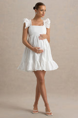 Dolly Daze | White Ruffle Sleeve Babydoll Maternity Mini Dress