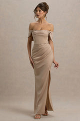 Annie | Champagne Satin Bardot Maxi Dress With Split Wrap Skirt