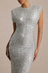 Aurah | Silver Sequin Crew-Neck Maxi Dress With Cap Sleeves