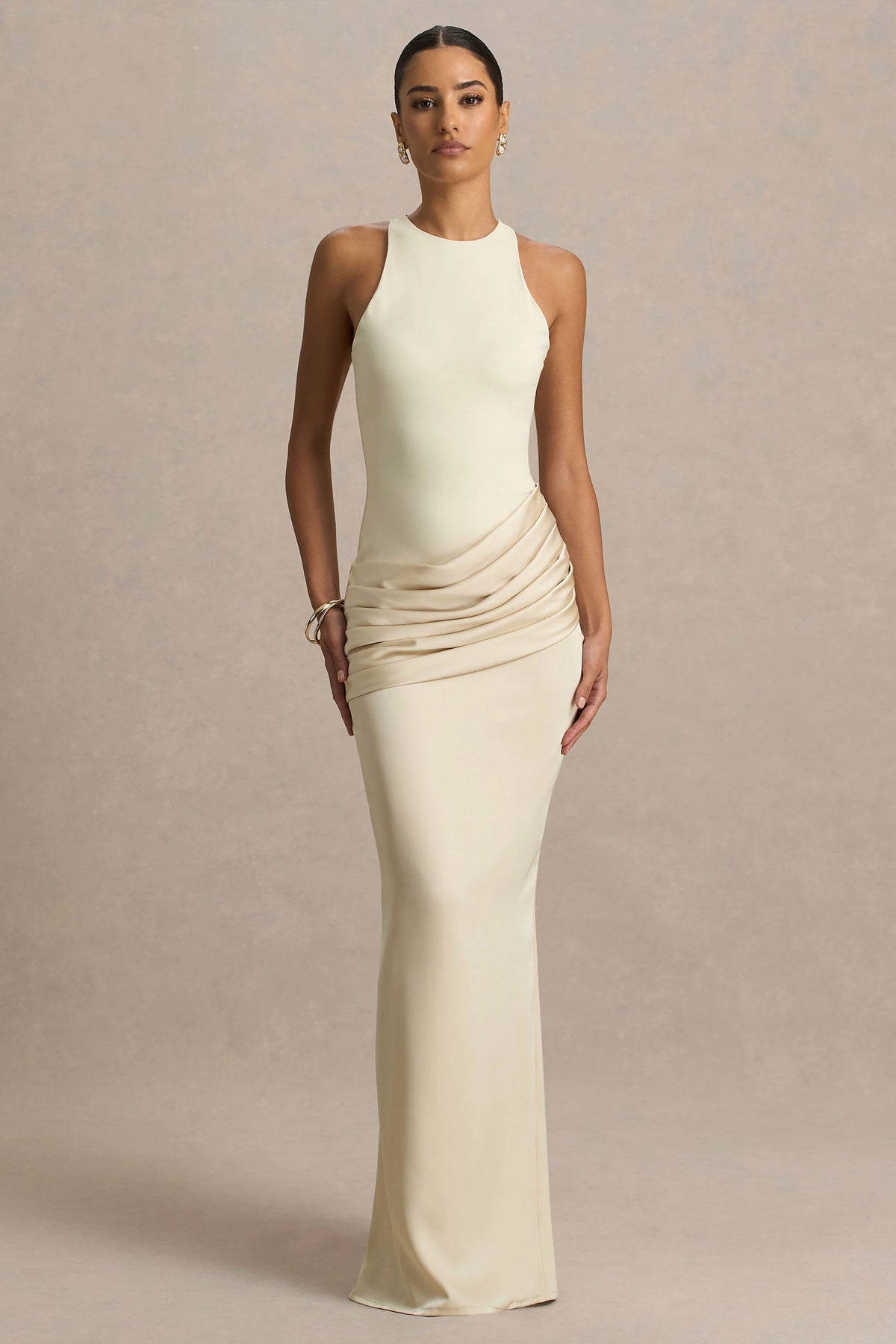 Akari | Champagne Crew-Neck Maxi Dress With Satin Skirt