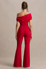 Alexandra | Red Asymmetric-Neck Draped Jumpsuit