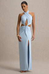 Aura | Powder Blue Halter-Neck Cut-Out Split Maxi Dress