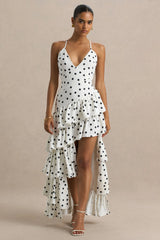 Bogota | Polka Dot Plunge-Neck Maxi Dress With Ruffling Details And Front High Split