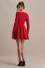Astonish | Red Long-Sleeve Embellished Square-Neck Mini Dress With Volume Skirt