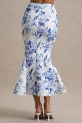 Amadea | Blue Porcelain Print Fishtail Midi Skirt