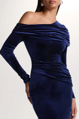 Eirene | Blue Velvet Asymmetric-Neck Midi Dress