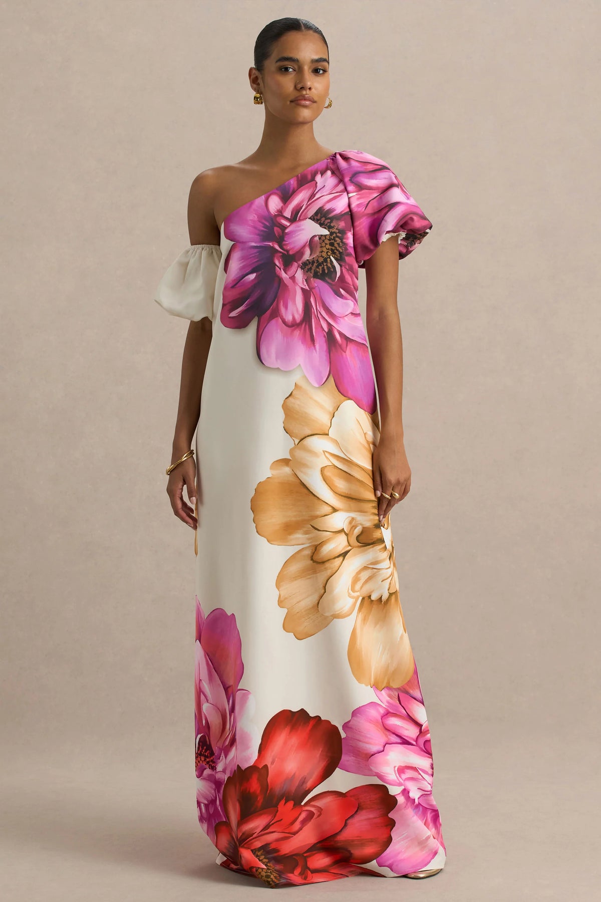 Anastasia | Large Multi-Floral Print Asymmetric-Neck Maxi Dress