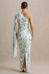 Aliana | Green Porcelain Print Asymmetric Maternity Maxi Dress With Ruched Detailing