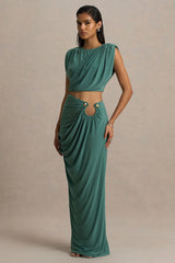 Avaline | Green Wrap Maxi Skirt With Ruched Detailing