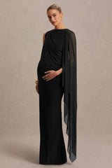 Cristina | Black High-Neck Maternity Maxi Dress With Cape-Sleeve