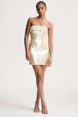 Casandra | Champagne Sequin Bandeau Mini Dress With Satin Trim