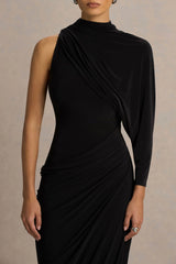 Aphra | Black High-Neck Maxi Dress With Cape-Sleeve