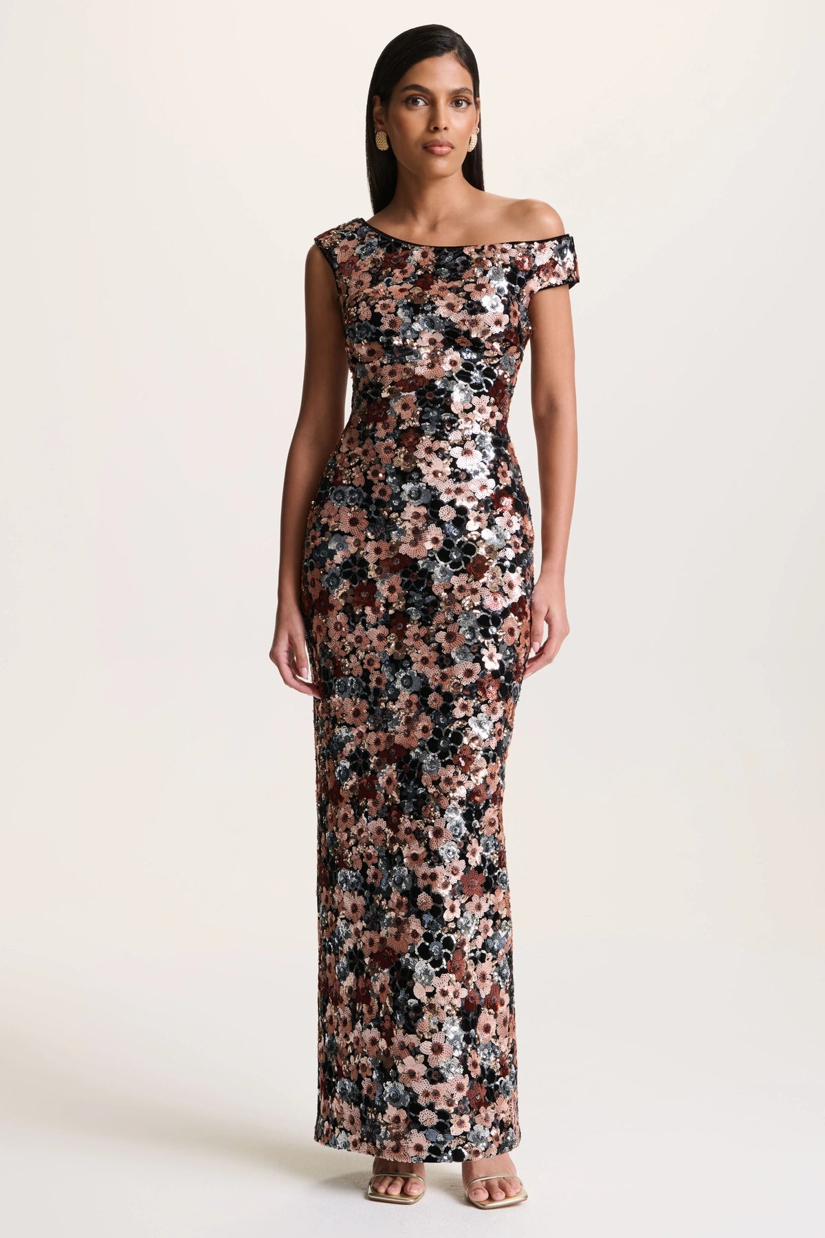Electric | Black Velvet & Embellished Sequin Floral Asymmetric-Neck Maxi Dress
