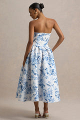 Alaina | Blue Porcelain Print Bandeau Midi Dress With Volume Skirt