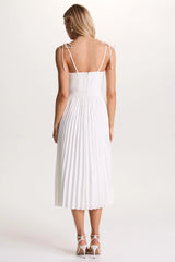 Agua | Cream Satin Sweetheart Midi Dress With Pleated Skirt