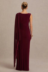 Cristina | Burgundy Slashed-Neck Maternity Maxi Dress With Cape-Sleeve