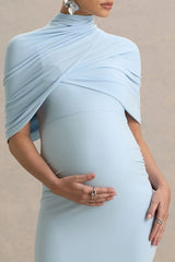 Augustina | Powder Blue Maternity Midi Dress With Cape