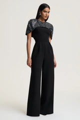 Eloriana | Black Hand-Embellished High-Neck Jumpsuit