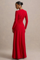 Estrella | Red High-Neck Maxi Dress With Ruched Detailing