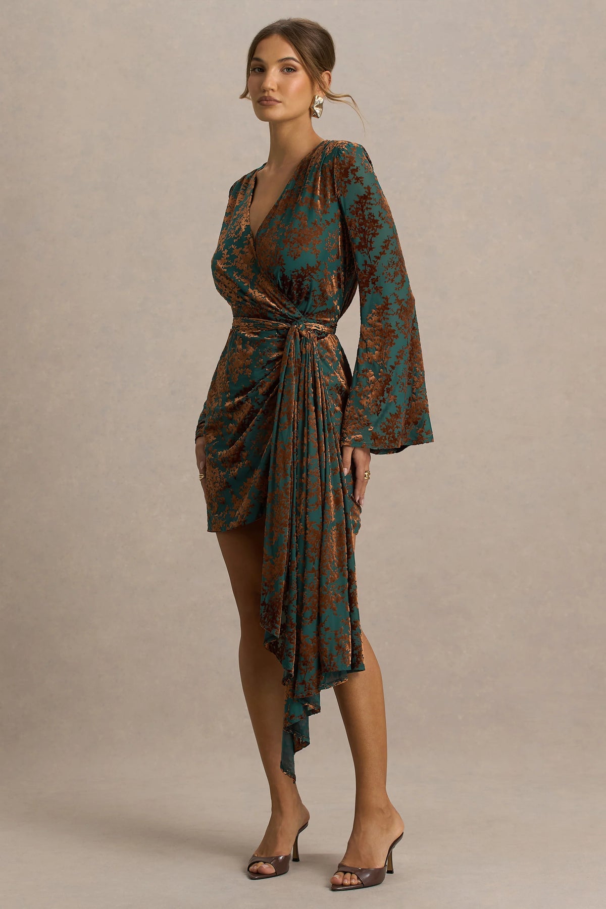 Dimitra | Dark Green And Brown Velvet Devore Plunge-Neck Wrap Mini Dress