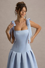 Alberta | Powder Blue Satin Square-Neck Midi Dress With Bow Straps