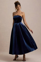 Addina | Navy Velvet Bandeau Skater Midi Dress
