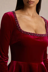 Beloved | Red Velvet Hand-Embellished Square-Neck Mini Dress