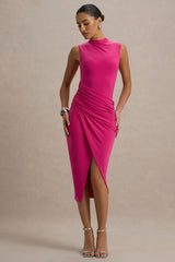 Estella | Hot Pink Midi Dress With Drape Skirt