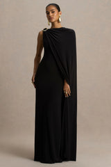 Cressida | Black Asymmetric-Neck Maxi Dress With Cape And Gold Detail