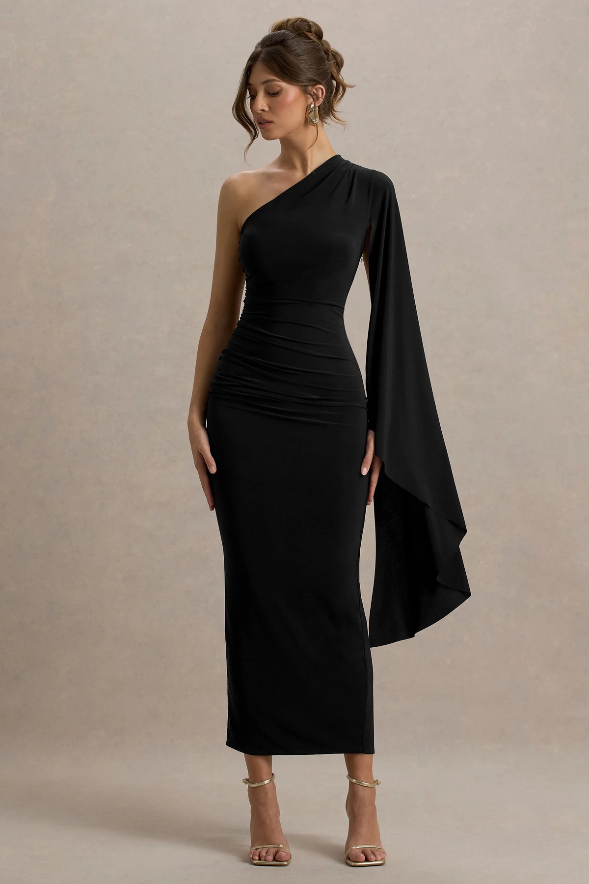 Clementina | Black Asymmetric Cape Sleeve Maxi Dress