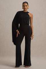 Asra | Black High-Neck Flared-Leg Jumpsuit With Cape Sleeve